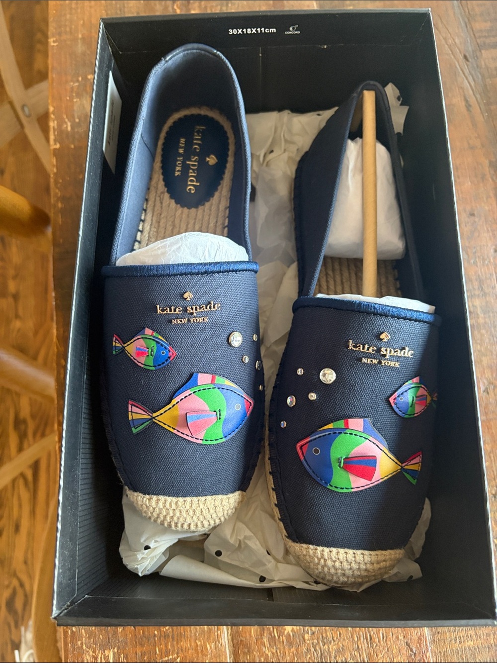 kate spade navy canvas kids moccasins with colorful fish appliqués